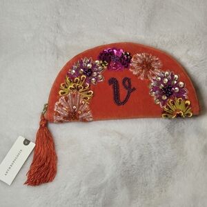 Anthropologie X Anna Harlow Russo Initial ‘V’ Zip Tassel Crescent Beaded Bag NWT